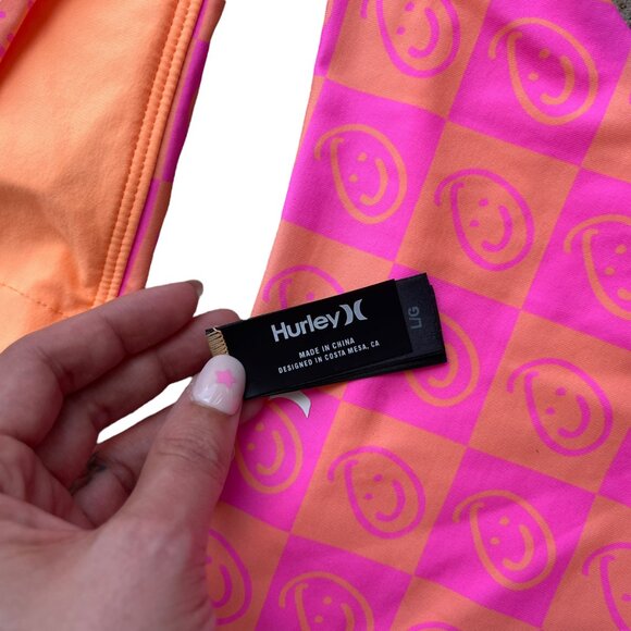 🌸 Hurley Smiley Checker Bikini Set L Neon Pink Orange Swim Top & Bottom - Picture 3 of 7